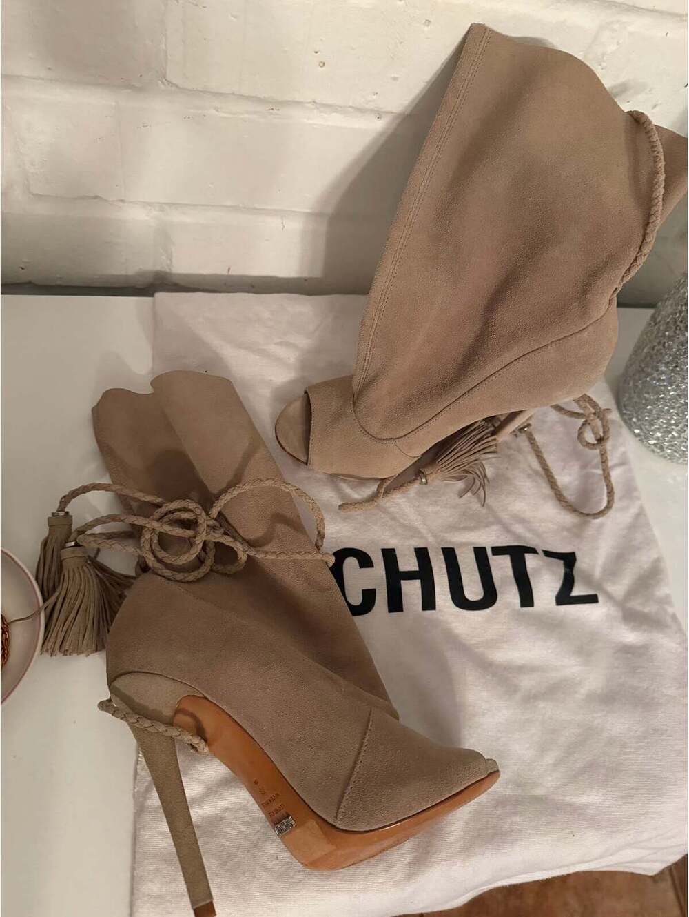 Schultz taupe suede heels with tassels
